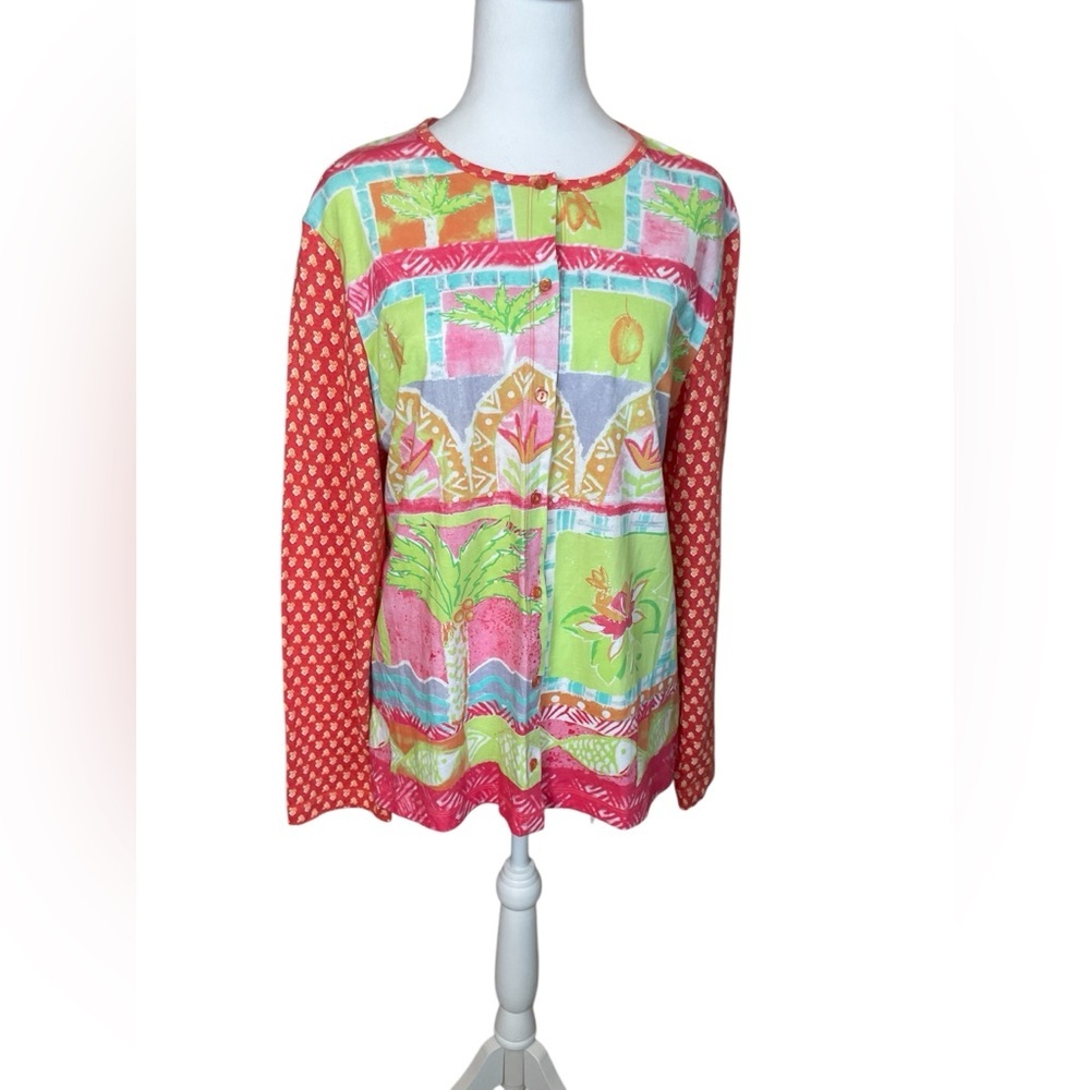 Tabi Womens Tropical Button Front Long Sleeve Shirt Large Vacation Beach Novelty